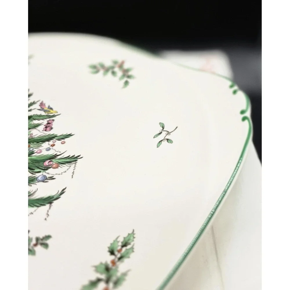 Vintage Spode Christmas Tree Round Cake Plate Serving Santa Claus Handles Box